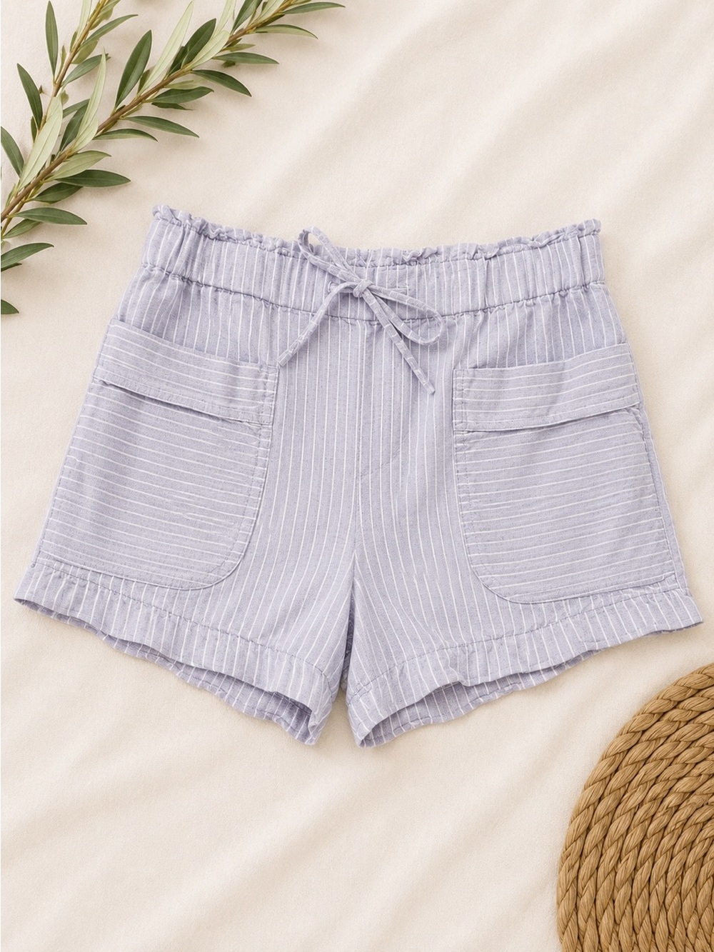 Madewell Light purple linen blend Striped High-Waist Drawstring Shorts